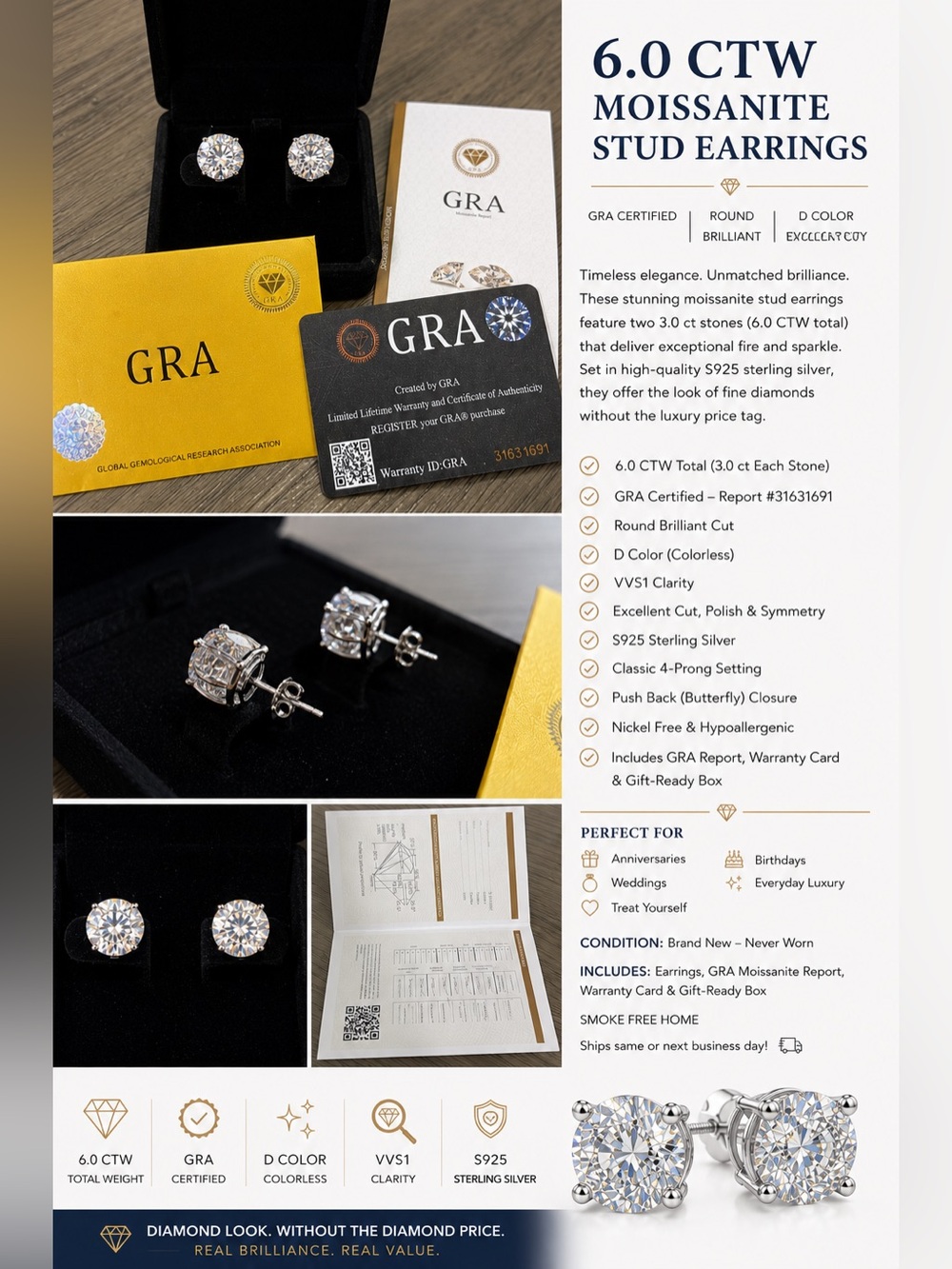 GRA Certified 6.0 CTW Moissanite Stud Earrings – S925 Sterling Silver